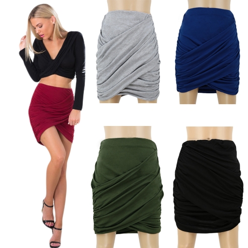 

New Fashion Women Skirt Fold Stretch Waist Wrap Front Asymmetric Hem Elastic Clubwear Sexy Mini Skirt