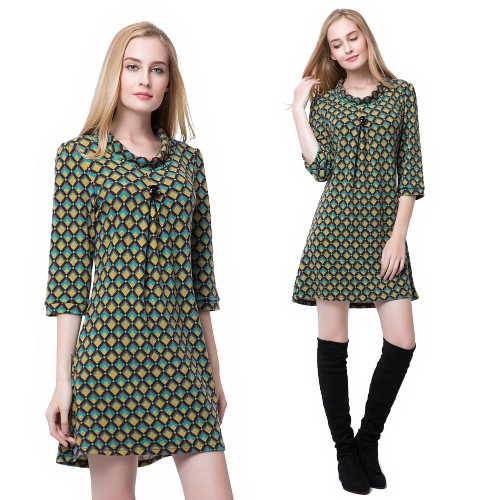 

Fashion Women Dress Contrast Plaid Decorative Button Three Quarter Sleeve Mini Dress Green