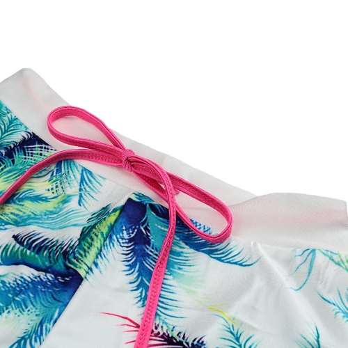

New Women Sportswear Two Pieces Leave Print Long Sleeves Zipper Top Drawstring Waist Shorts Sport Suit Twin Set White