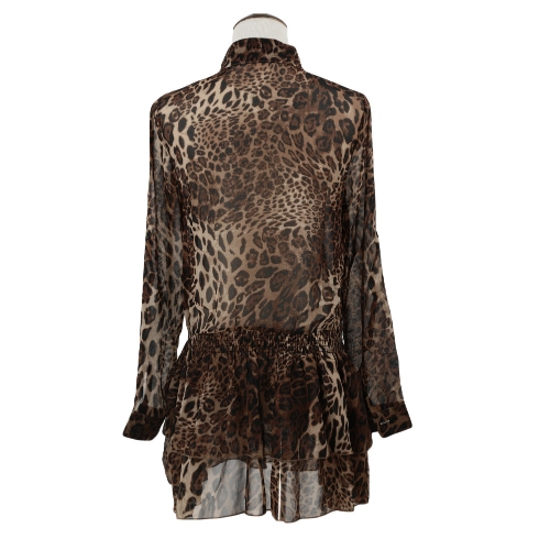 

Fashion Women Chiffon Mini Dress Leopard Turn-down Collar Long Sleeve Elastic Waist Layered Dress Brown