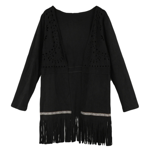Fashion Women Faux Suede Jacket Open Front Hollow Out Tassel Fringe Long Sleeve Cardigan Coat Outerwear