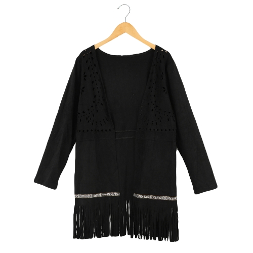 Fashion Women Faux Suede Jacket Open Front Hollow Out Tassel Fringe Long Sleeve Cardigan Coat Outerwear