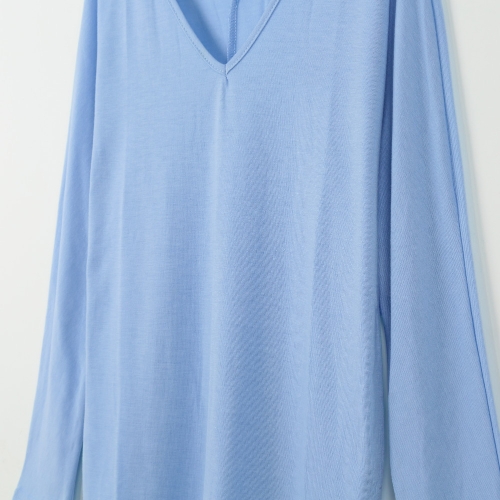

New Fashion Women T-shirt V Neckline Side Splits Long Sleeve Solid Loose Fit Casual Tops Blue