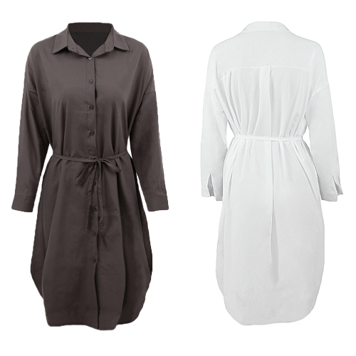

New Women Shirt Dress Turn Down Collar Long Sleeve Button Placket Side Slits Casual Midi Dress Grey/White