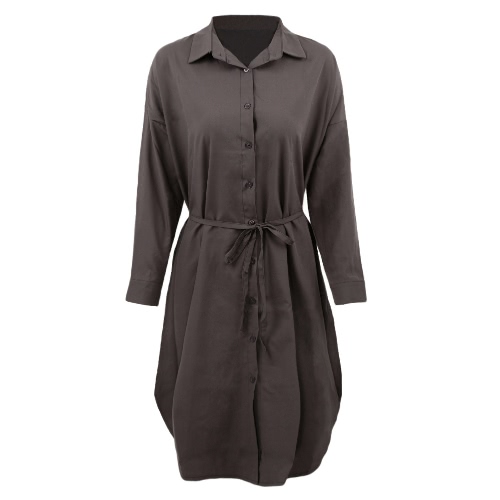 

Casual Long Sleeve Button Placket Side Slits Solid Midi Shift Shrt Dress