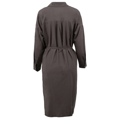 

New Women Shirt Dress Turn Down Collar Long Sleeve Button Placket Side Slits Casual Midi Dress Grey/White