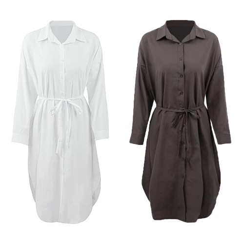 

New Women Shirt Dress Turn Down Collar Long Sleeve Button Placket Side Slits Casual Midi Dress Grey/White