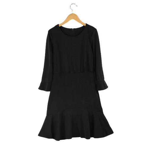 

Fashion Women Flare Dress Round Neck 3/4 Sleeve Back Zipper Solid Color Mini Dress Red/Black/Grey