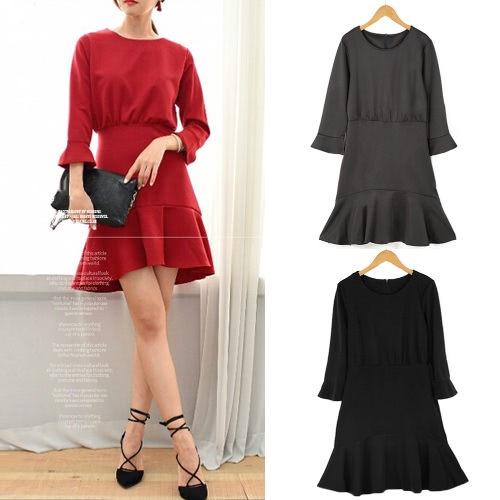 

Fashion Women Flare Dress Round Neck 3/4 Sleeve Back Zipper Solid Color Mini Dress Red/Black/Grey