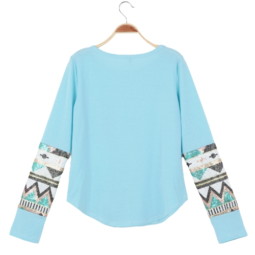 

Women Casual T-Shirt Sequin Patchwork Long Sleeve Round Neck Blouse Top