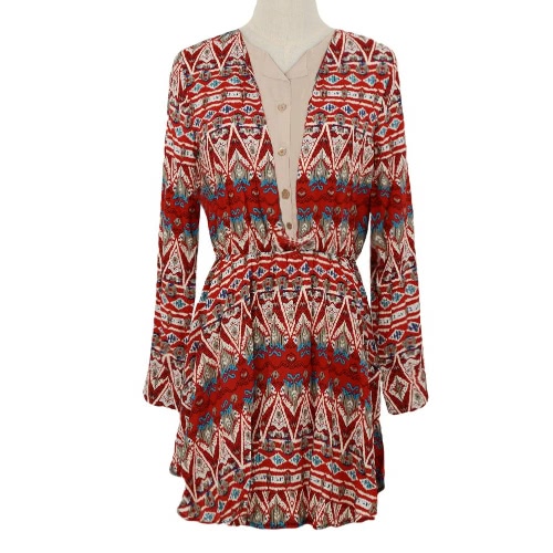 

New Fashion Women Casual Patchwork Dress Ethnic Print Long Sleeve Button Ruffle Elastic Waist Red/Dark Blue