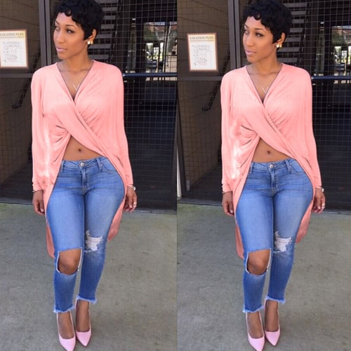 

New Women Sexy Blouse Cross Ruched Front Deep V-Neck Dipped Back Irregular Hem Long Sleeve Solid Party Shirt