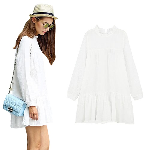 

New Fashion Women Mini Dress Ruffled Collar Wide Hem Long Sleeves Loose Casual Short Dress White