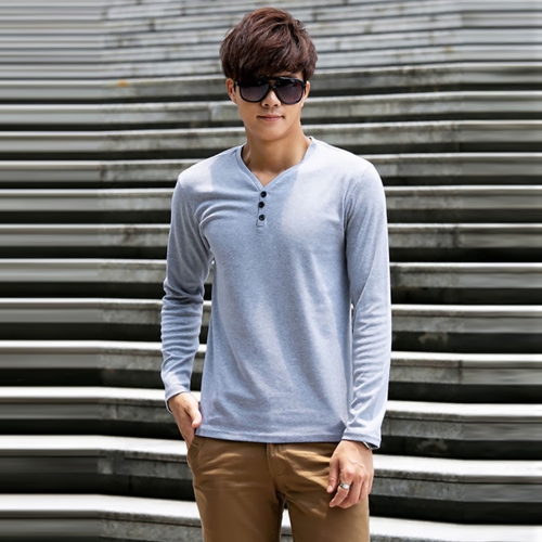 Fashion Men Slim T-Shirt Buttons V-Neck Long Sleeves Casual Tops Pullover Gray