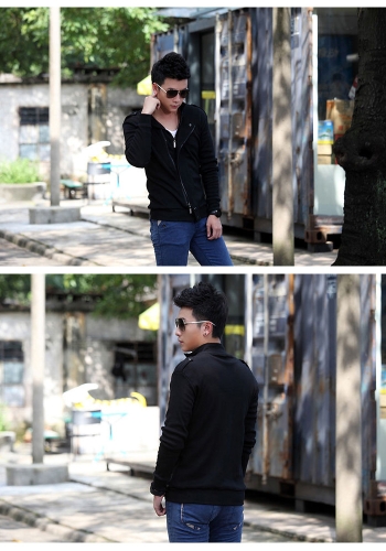 

New Fashion Men Jacket Two Zippers Epaulettes Long Sleeves Slim Thin Coat Outerwear Black