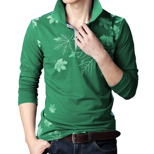 Fashion Casual Men T-shirt Maple Leaf Print Long Sleeves Turn Down Collar Slim Tops