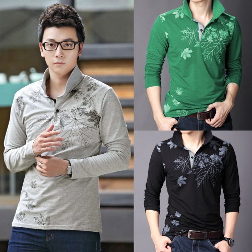 

Fashion Casual Men T-shirt Maple Leaf Print Long Sleeves Turn Down Collar Slim Tops