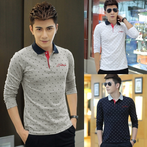 

Fashion Casual Men T-Shirt Anchor Print Long Sleeves Turn Down Collar Slim Tops