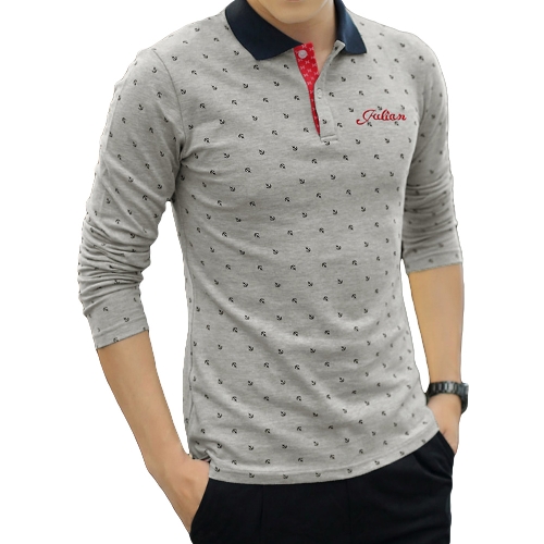 Fashion Casual Men T-Shirt Anchor Print Long Sleeves Turn Down Collar Slim Tops