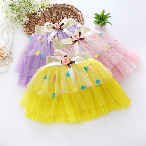 

Fashion Girls Tiered Tulle Skirt Elastic Waist Decorative Bow Embroidery Dot Pattern Children Kids Tutu Pettiskirt Pink/Purple/Yellow