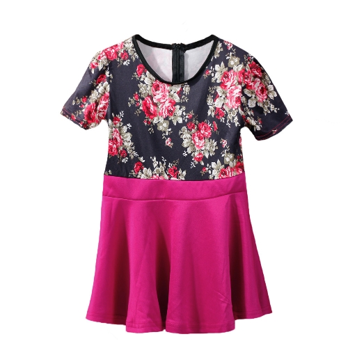 

New Fashion Girls Dress Floral Printed Crew Neck Short Sleeves Frill Hem Back Zipper Dress Rose