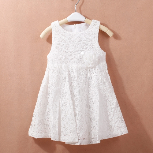 New Fashion Girls Dress Floarl Lace Flower Sleeveless Hollow Out Sweet Princess Dress White/Pink/Red