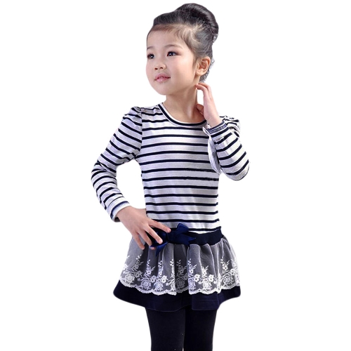 Fashion Kids Girl Dress Striped Ruffle Lace Bowknot Mesh Floral Round Neck Long Sleeve Princess Dresses Dark Blue/Coffee