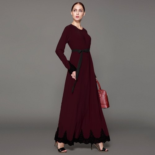 Second Hand Women Muslim Maxi Dress Contrast Lace Long Sleeve Abaya Kaftan Islamic Arab Robe Belted Long Dress Burgundy/Brown