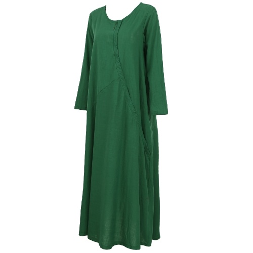 

Second Hand Vintage Women Dress Solid Cotton Buttons Pockets Irregular Round Neck Long Sleeve Maxi Gown Loose One-Piece
