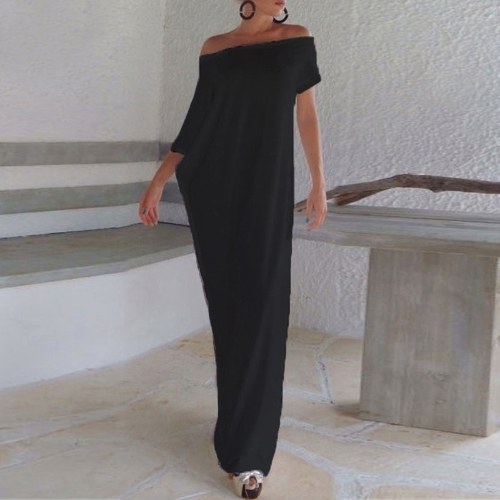 Segunda mano Sexy Summer Boho largo Maxi vestido Slash cuello fuera del hombro sólido Casual suelto más tamaño vestido blanco / negro