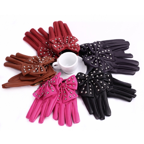 

Fashion Elegant Women Gloves Soft PU Leather Bow Rivets Short Gloves Black