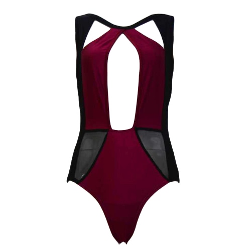 

Sexy One Piece Monokini Triangle Cutouts Mesh Patchwork Swimsuit