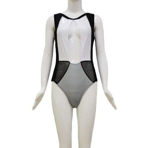 

Sexy Women Monokini Triangle Cutouts Mesh Patchwork Swimsuit Beach Bathing Suit Swimwear Burgundy/White