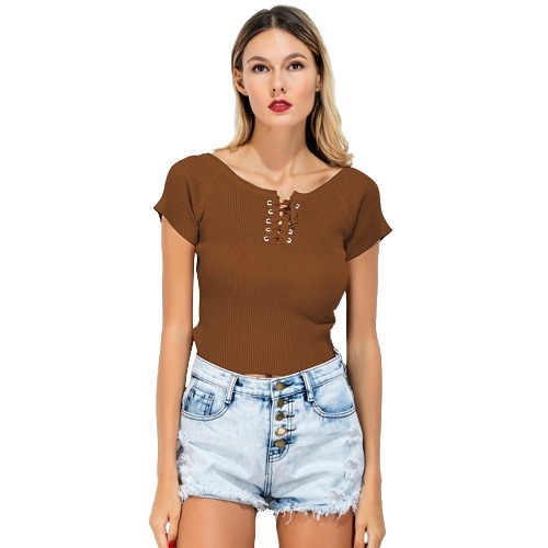 Summer Women Crop Top Lace-Up Short Sleeve O-Neck Solid Slim Ribbed Knitted T-shirt Short Tees Coffee/Pink