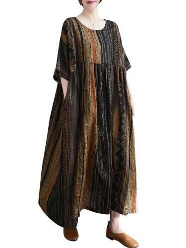 

Women Loose Dress with Pockets Vintage Printed Half Sleeve Casual Holiday Beach Dress
