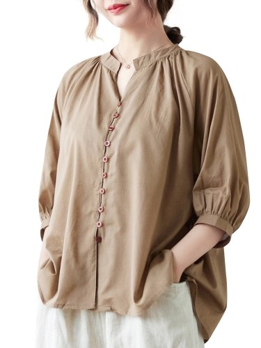 

Women Loose Blouse Half Sleeved Buttons Oversized Casual T-shirts