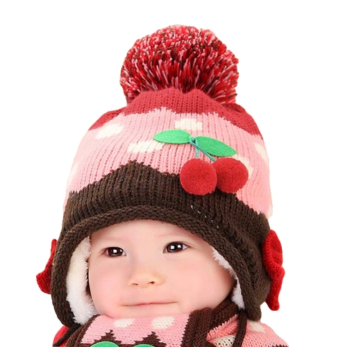 Baby Kids Knitted Hat Cute Cherry Bowknot Fleece Earflap Hat Children Pompom Cap