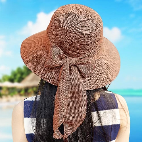 

New Sweet Women Straw Hat Bowknot Foldable Casual Summer Sun Beach Cap Beige/Light Coffee