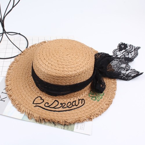 

Fashion Women Letter Embroidery Straw Hat Lace Bowknot Wide Brim Travelling Beach Fisherman Bonnie Chapeau