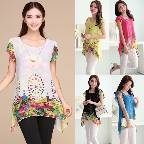 

New Fashion Women Chiffon Blouse Floral Print Hollow Out Overlay Petal Sleeves Tops Black