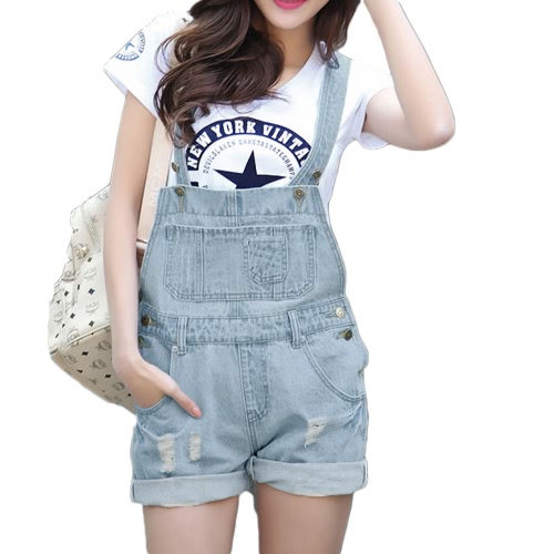 Fashion Women Denim Rompers Strap Pockets Frayed  Ripped Holes Overalls Jumpsuits Shorts Jeans Light Blue