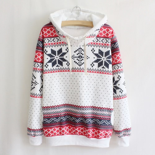 Fashion Women Hoodie Snowflake Print Long Sleeve Pullover Christmas Sweatshirt Sportwear White/Pink/Green