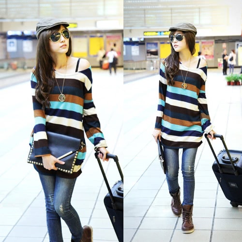 

Korean Fashion Women Slouchy T-shirt Colorful Stripes Knitted Long Shirt Pullover Tops Multicolor