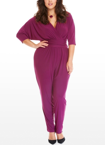 

Women Plus Size Jumpsuit V Neck Batwing Sleeve High Waist