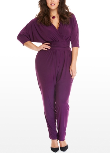 

Women Plus Size Jumpsuit V Neck Batwing Sleeve High Waist