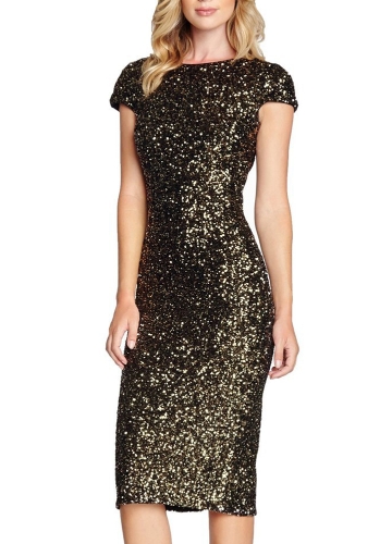 

Shiny Sequined Deep V Back Split Women Midi Dress