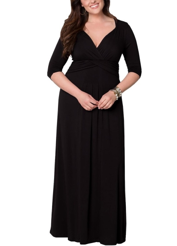 

Твердый цвет Deep V Three Quarter Sleeve Ruching Women Maxi Dress