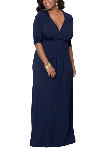 

Solid Color Deep V Three Quarter Sleeve Ruching Women Maxi Dress