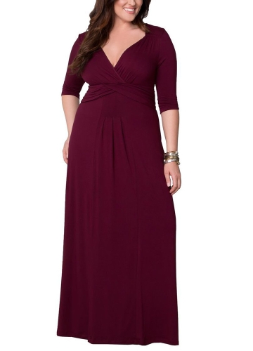 

Твердый цвет Deep V Three Quarter Sleeve Ruching Women Maxi Dress