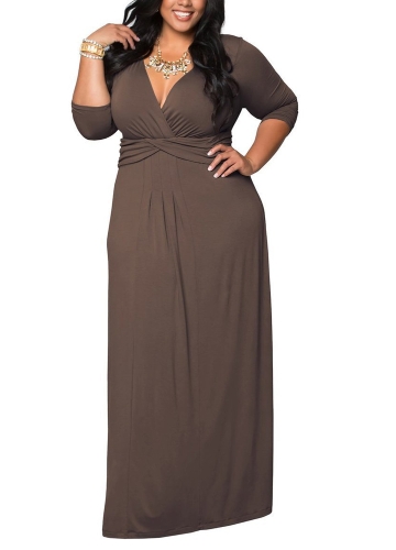 

Solid Color Deep V Three Quarter Sleeve Ruching Women Maxi Dress